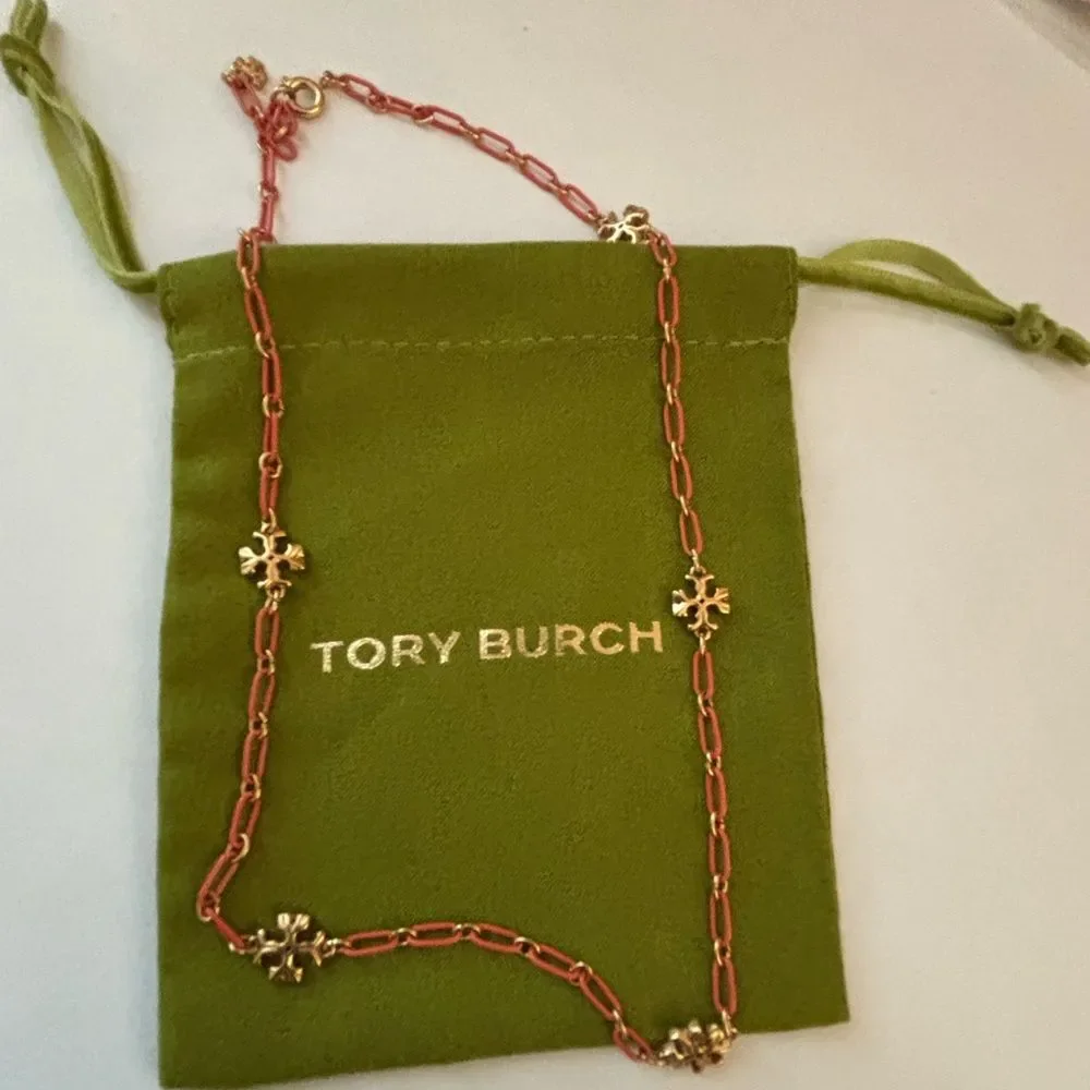 Tory Burch Rose Gold Chain Necklace with Gold Logo Accents